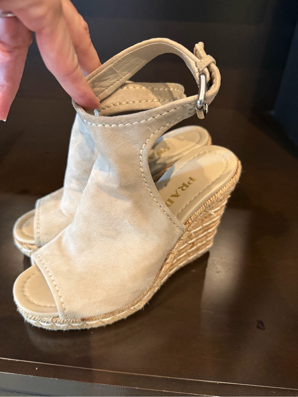 Prada Women’s Suede Ankle-Strap Espadrille Wedge Sandals in Cream